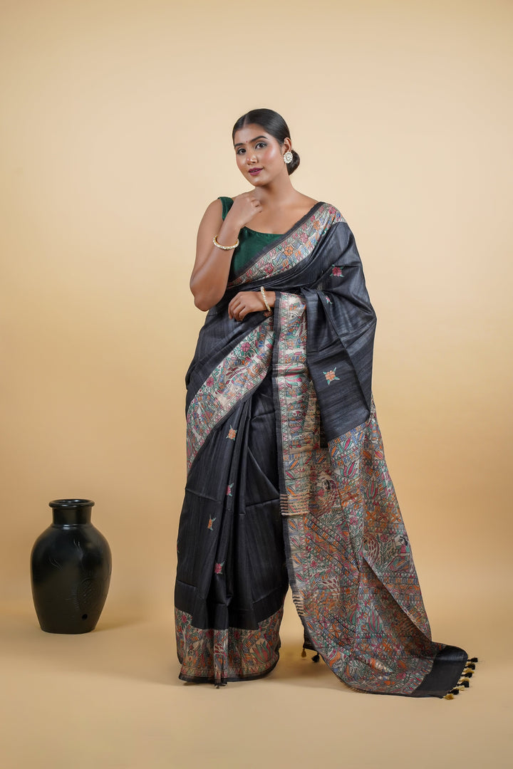 Black Elegant Pure Tussar Ghicha Silk Saree with Screen Print | SILK MARK CERTIFIED