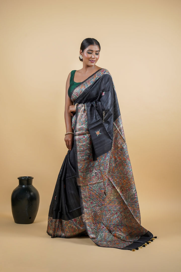 Black Elegant Pure Tussar Ghicha Silk Saree with Screen Print | SILK MARK CERTIFIED