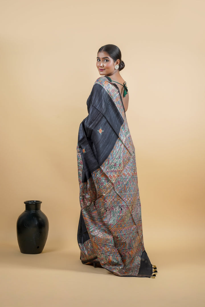 Black Elegant Pure Tussar Ghicha Silk Saree with Screen Print | SILK MARK CERTIFIED