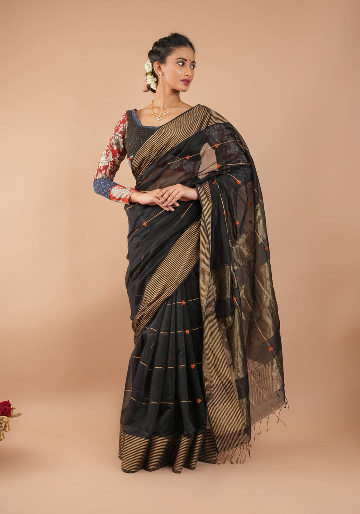Black Handwoven Zari Stripes Maheshwari Silk Cotton Saree