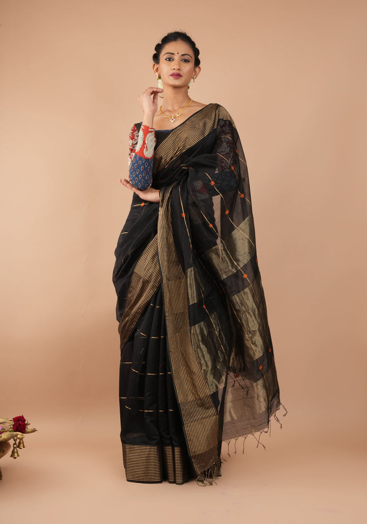 Black Handwoven Zari Stripes Maheshwari Silk Cotton Saree