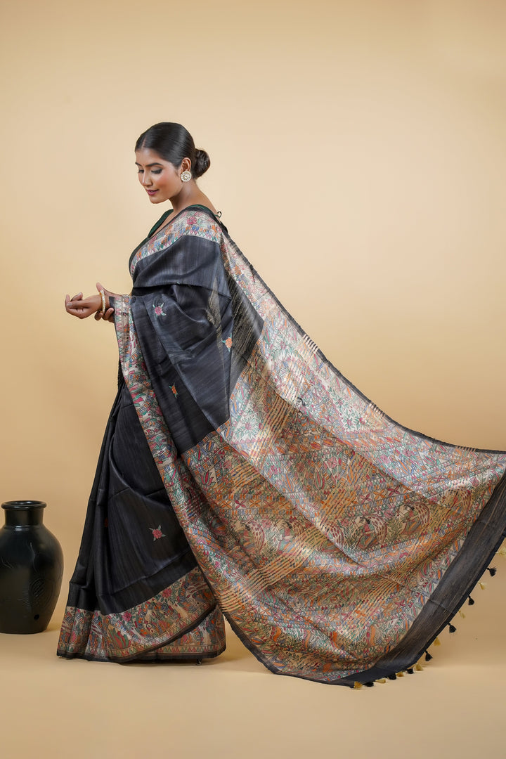 Black Elegant Pure Tussar Ghicha Silk Saree with Screen Print | SILK MARK CERTIFIED