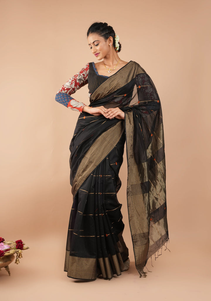 Black Handwoven Zari Stripes Maheshwari Silk Cotton Saree
