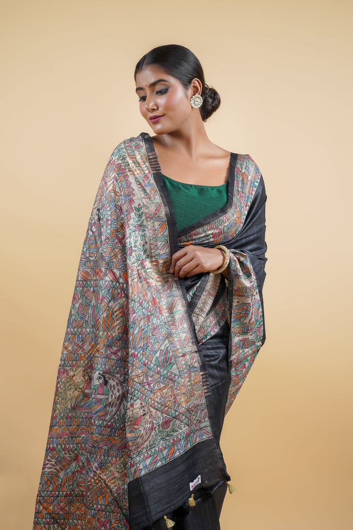 Black Elegant Pure Tussar Ghicha Silk Saree with Screen Print | SILK MARK CERTIFIED