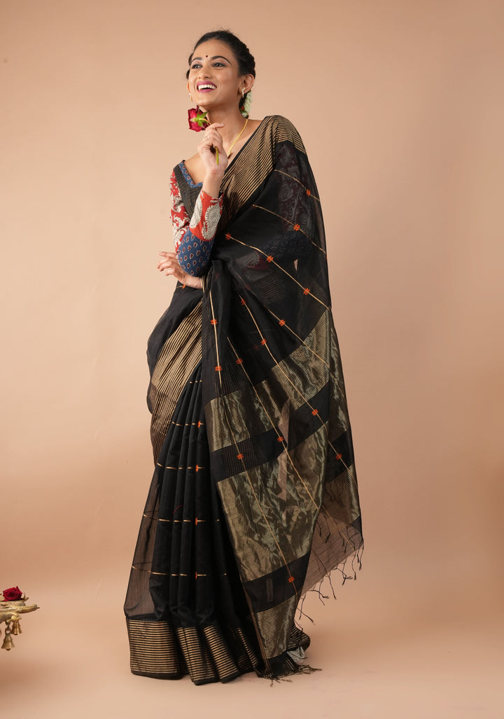 Black Handwoven Zari Stripes Maheshwari Silk Cotton Saree