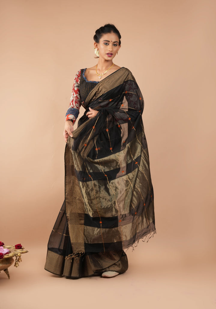 Black Handwoven Zari Stripes Maheshwari Silk Cotton Saree