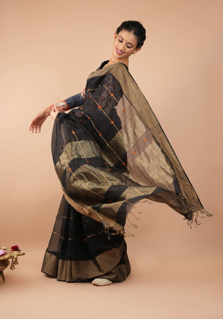 Black Handwoven Zari Stripes Maheshwari Silk Cotton Saree