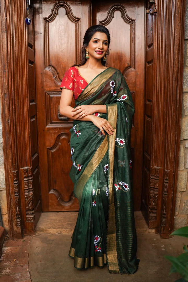 Hunter Green Silk Linen Saree with Moti Nath Embroidery,Woven zari Borders and Long Tassels