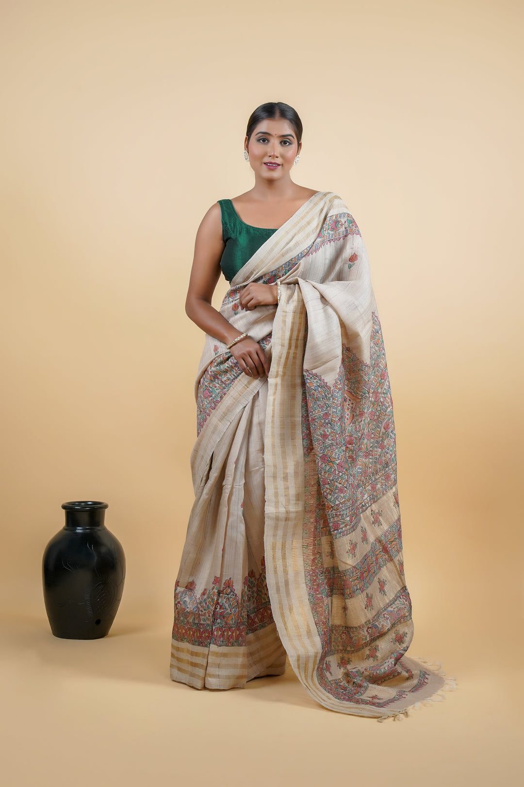 Exquisite Madhubani Hand-Painted Pure Tussar Silk Saree | SILK MARK CERTIFIED