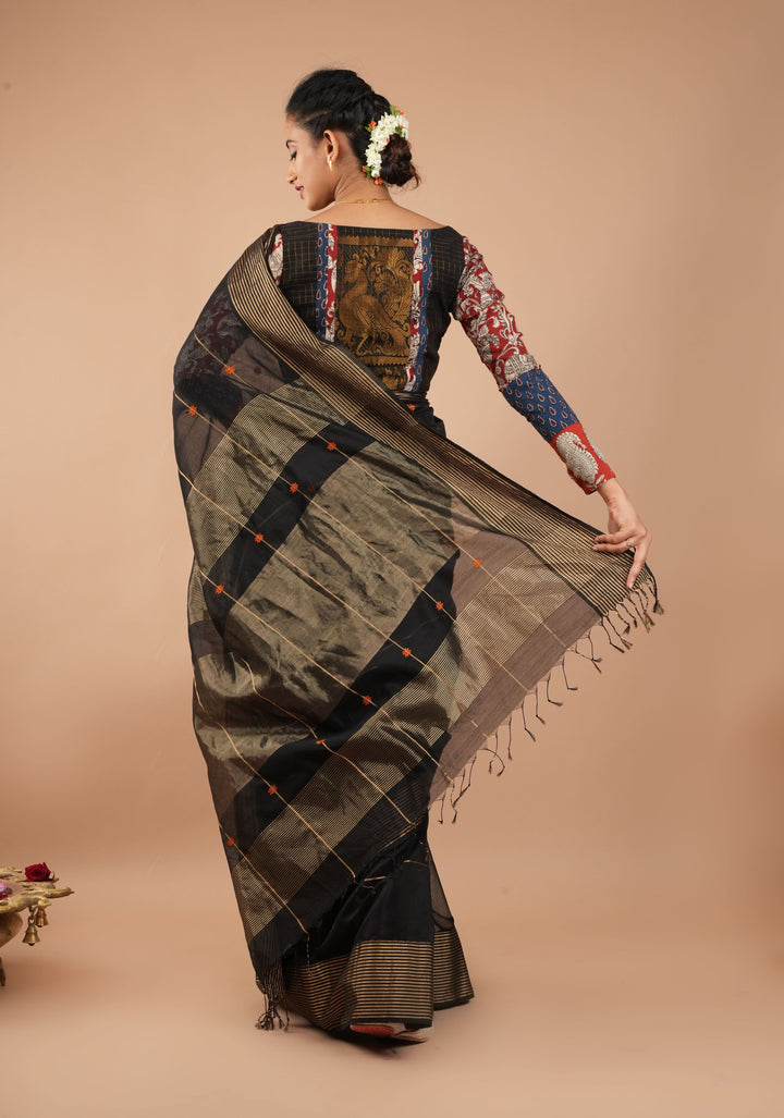Black Handwoven Zari Stripes Maheshwari Silk Cotton Saree