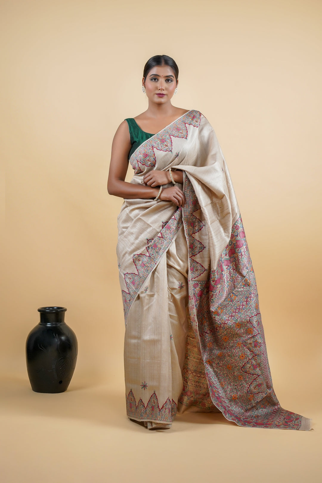 Madhubani Hand-Painted Bhagalpuri Silk Saree in Tan | SILK MARK CERTIFIED