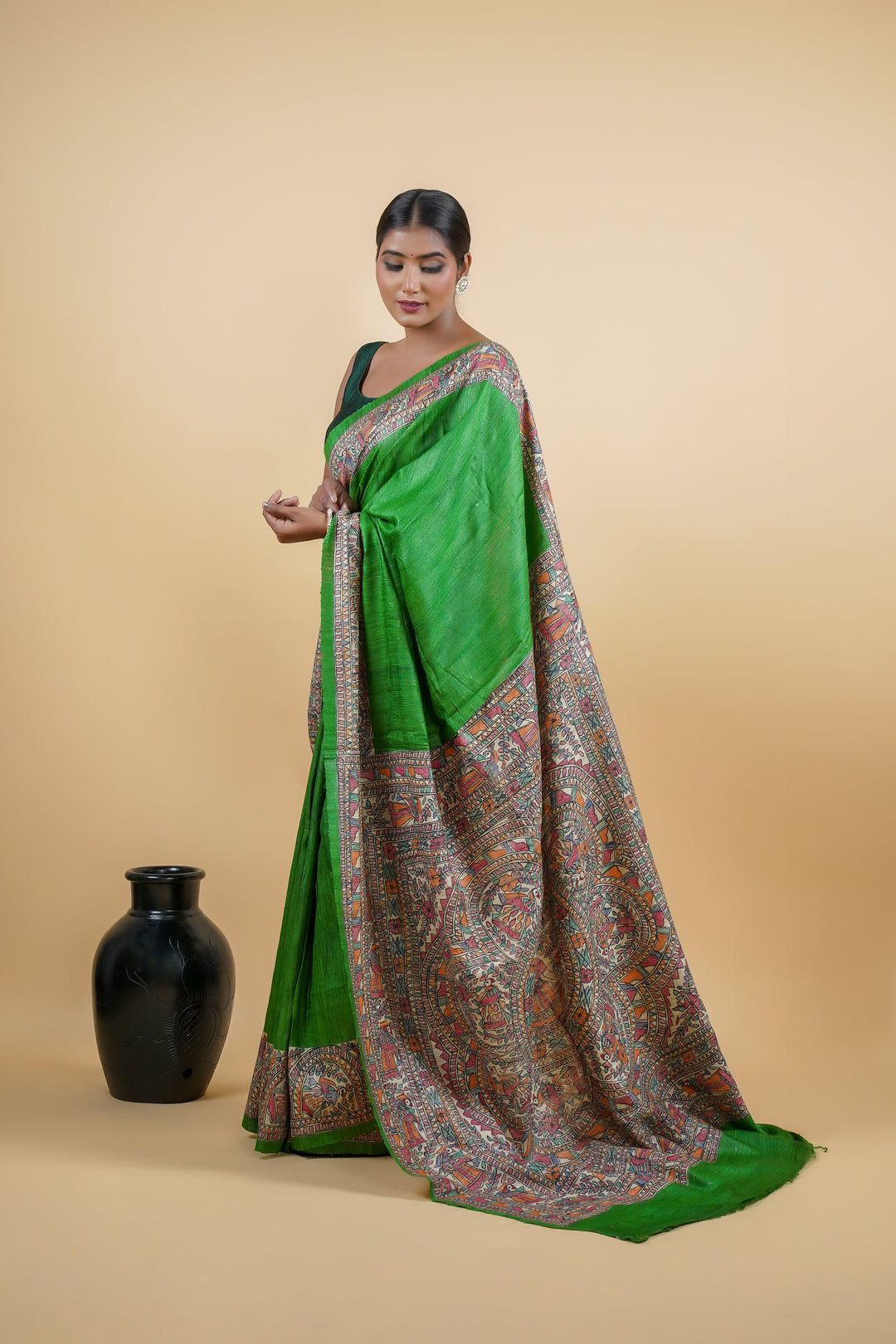 Parrot Green Madhubani Hand Painted Lightweight Ghicha Silk Saree | SILK MARK CERTIFIED