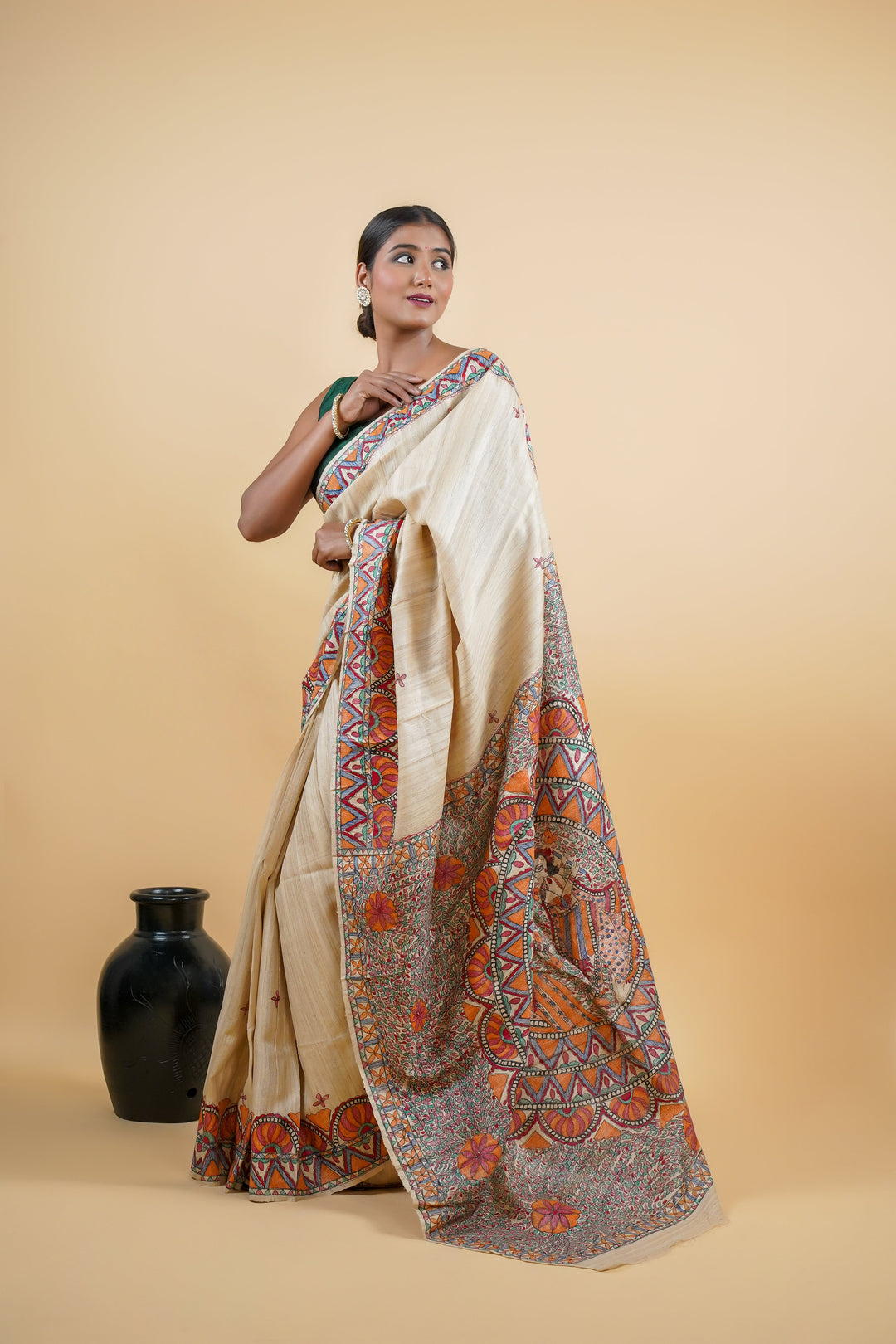 Pure Tussar Silk Saree with Artisanal Handpainting in Natural color | SILK MARK CERTIFIED
