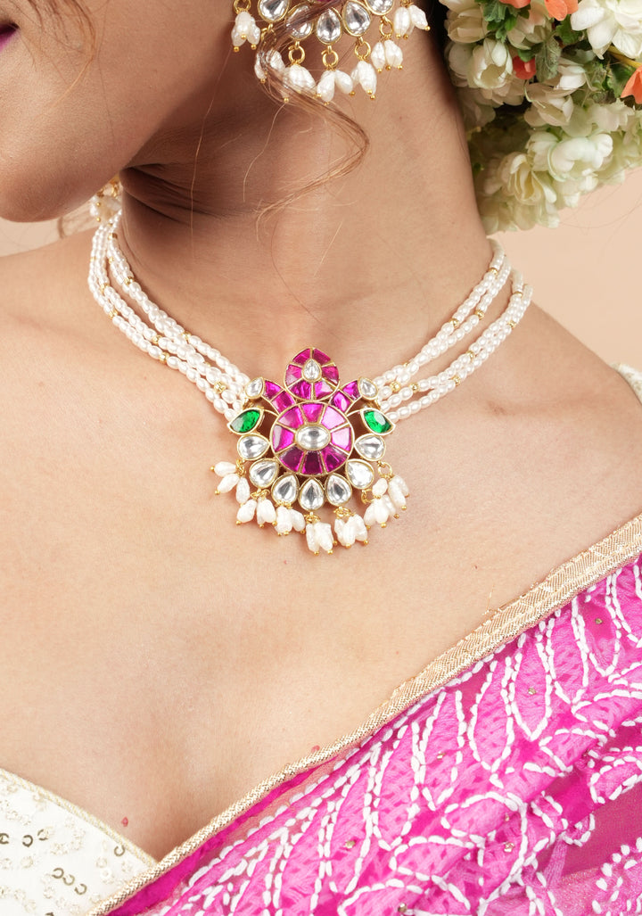 Ornate Jadau twin Peacock medium Length Haar and Matching Earrings | Shobitam Jewelry