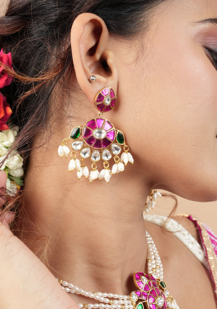 Ornate Jadau twin Peacock medium Length Haar and Matching Earrings | Shobitam Jewelry