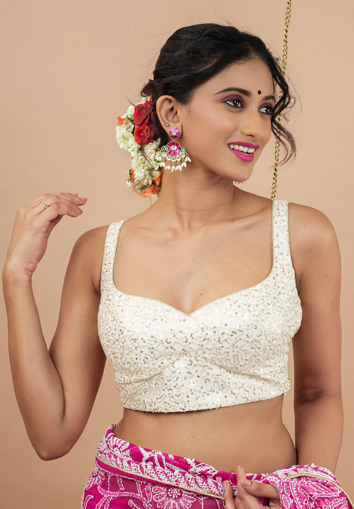 White and Gold Sequin on Net wide leaf neck sleeveless blouse, Made to Order