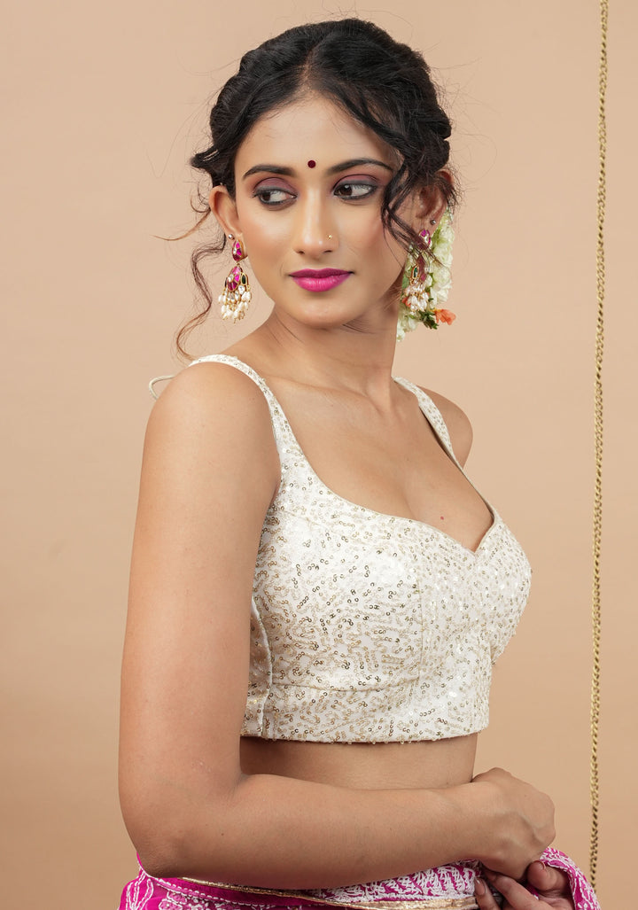 White and Gold Sequin on Net wide leaf neck sleeveless blouse, Made to Order