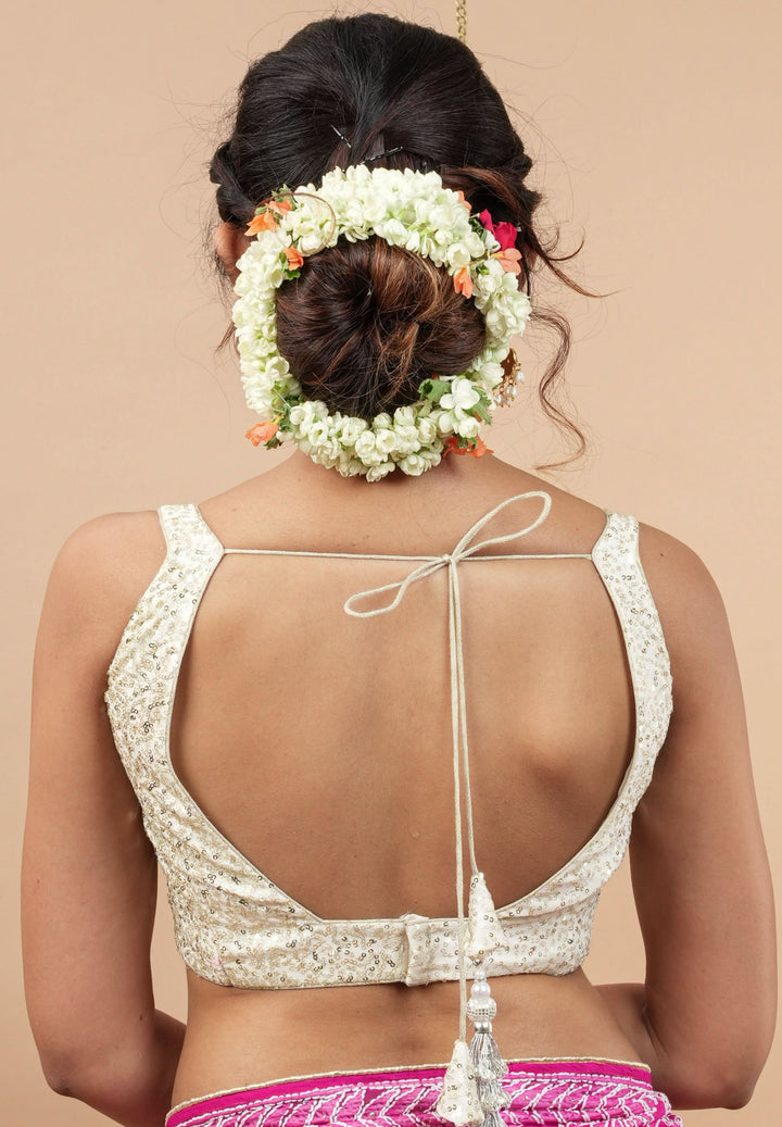 White and Gold Sequin on Net wide leaf neck sleeveless blouse, Made to Order