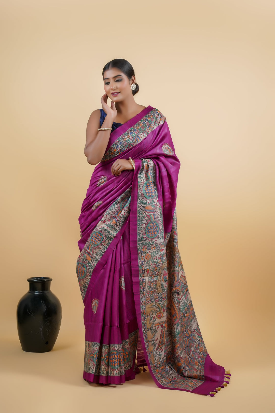 Stunning Magenta & Navy Blue Bhagalpuri Silk Saree with Madhubani | SILK MARK CERTIFIED