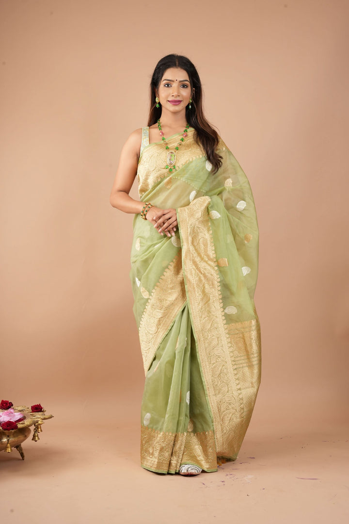 Dusty Pistachio Pure Banarasi Kora Silk Saree with Chunri Buttas and Zari Pallu | SILK MARK CERTIFIED