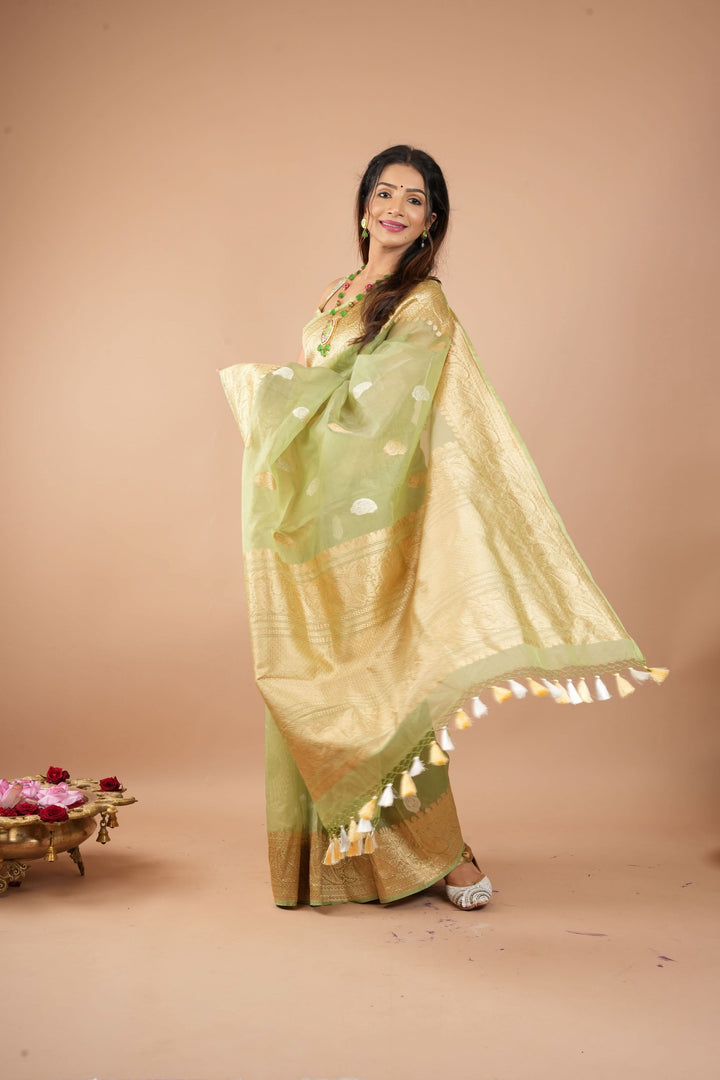 Dusty Pistachio Pure Banarasi Kora Silk Saree with Chunri Buttas and Zari Pallu | SILK MARK CERTIFIED