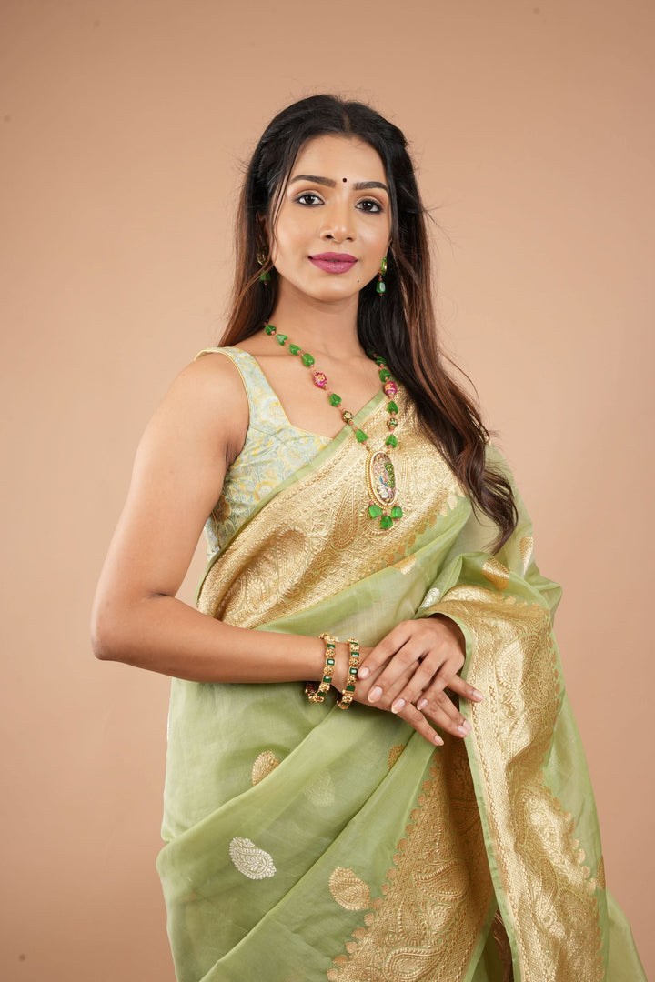 Dusty Pistachio Pure Banarasi Kora Silk Saree with Chunri Buttas and Zari Pallu | SILK MARK CERTIFIED