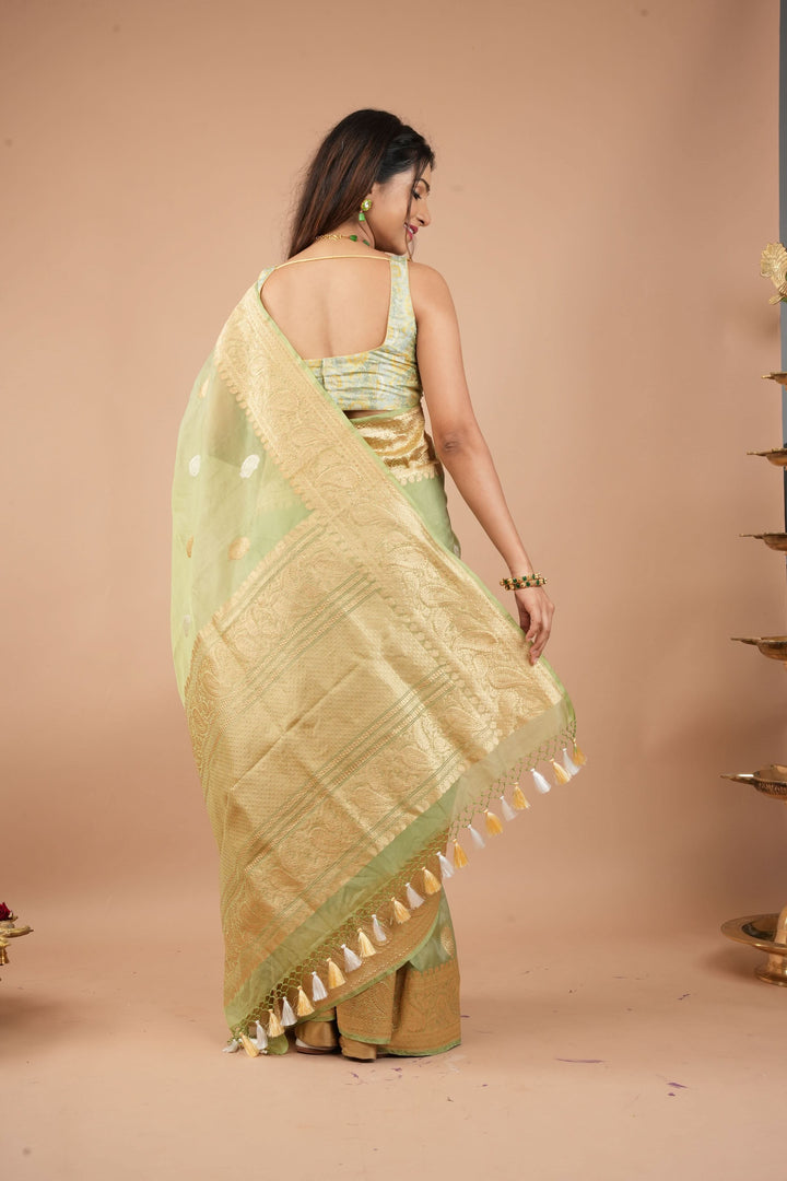 Dusty Pistachio Pure Banarasi Kora Silk Saree with Chunri Buttas and Zari Pallu | SILK MARK CERTIFIED