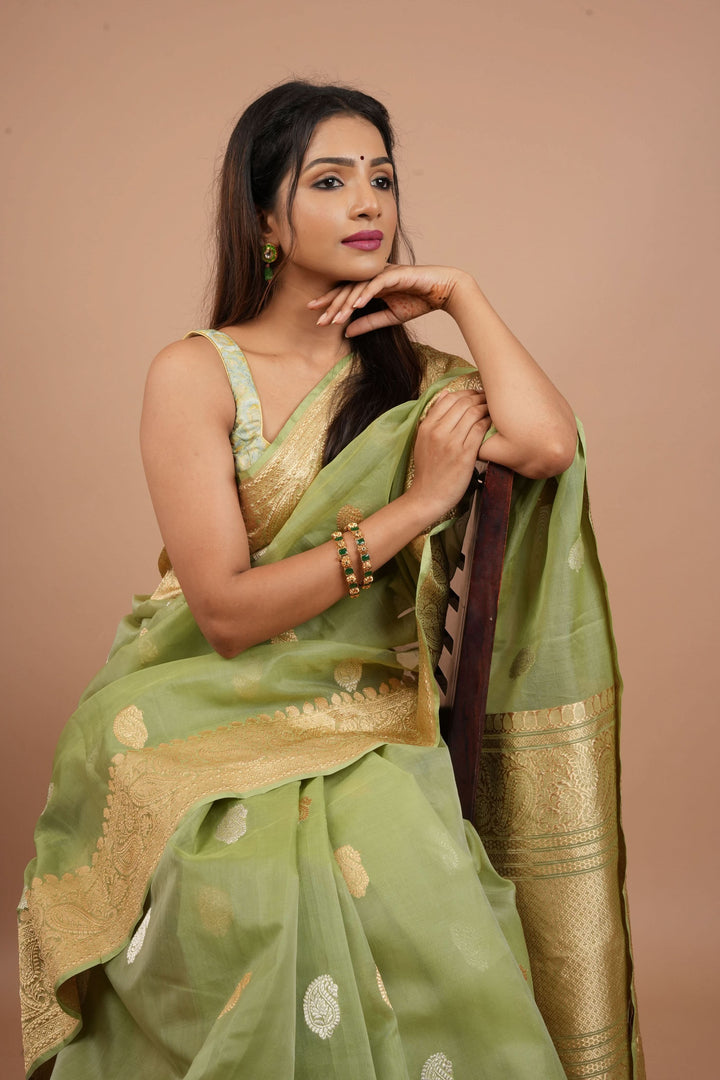 Dusty Pistachio Pure Banarasi Kora Silk Saree with Chunri Buttas and Zari Pallu | SILK MARK CERTIFIED