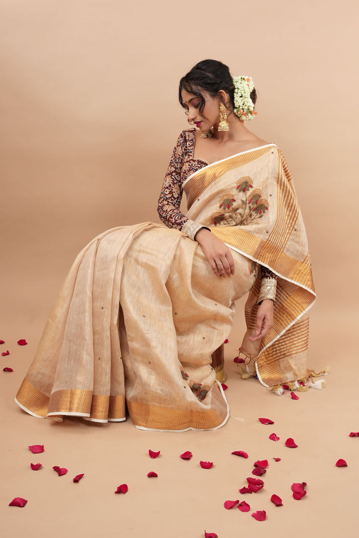 Tissue Linen Saree in Tan Tissue with  Bead and embroidery handwork