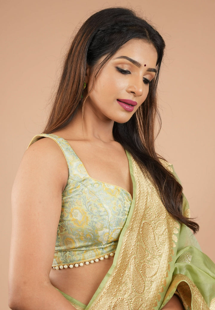 Pista Green Tanchoi Floral sleeveless blouse with beaded trim detailing, Customizable, Made to order