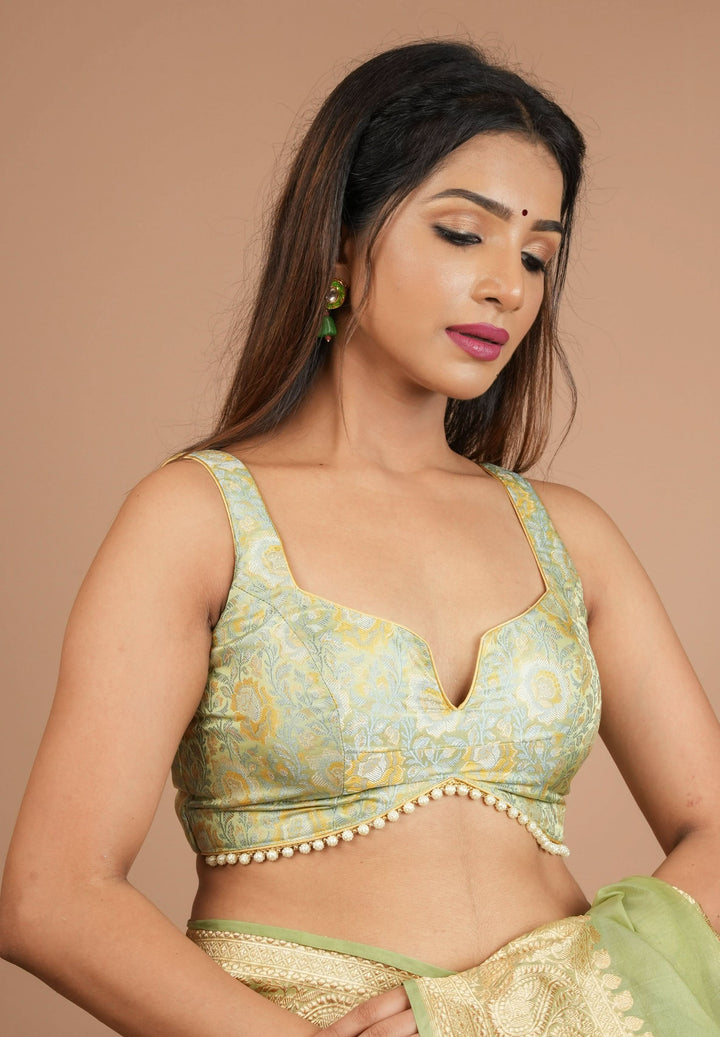 Pista Green Tanchoi Floral sleeveless blouse with beaded trim detailing, Customizable, Made to order