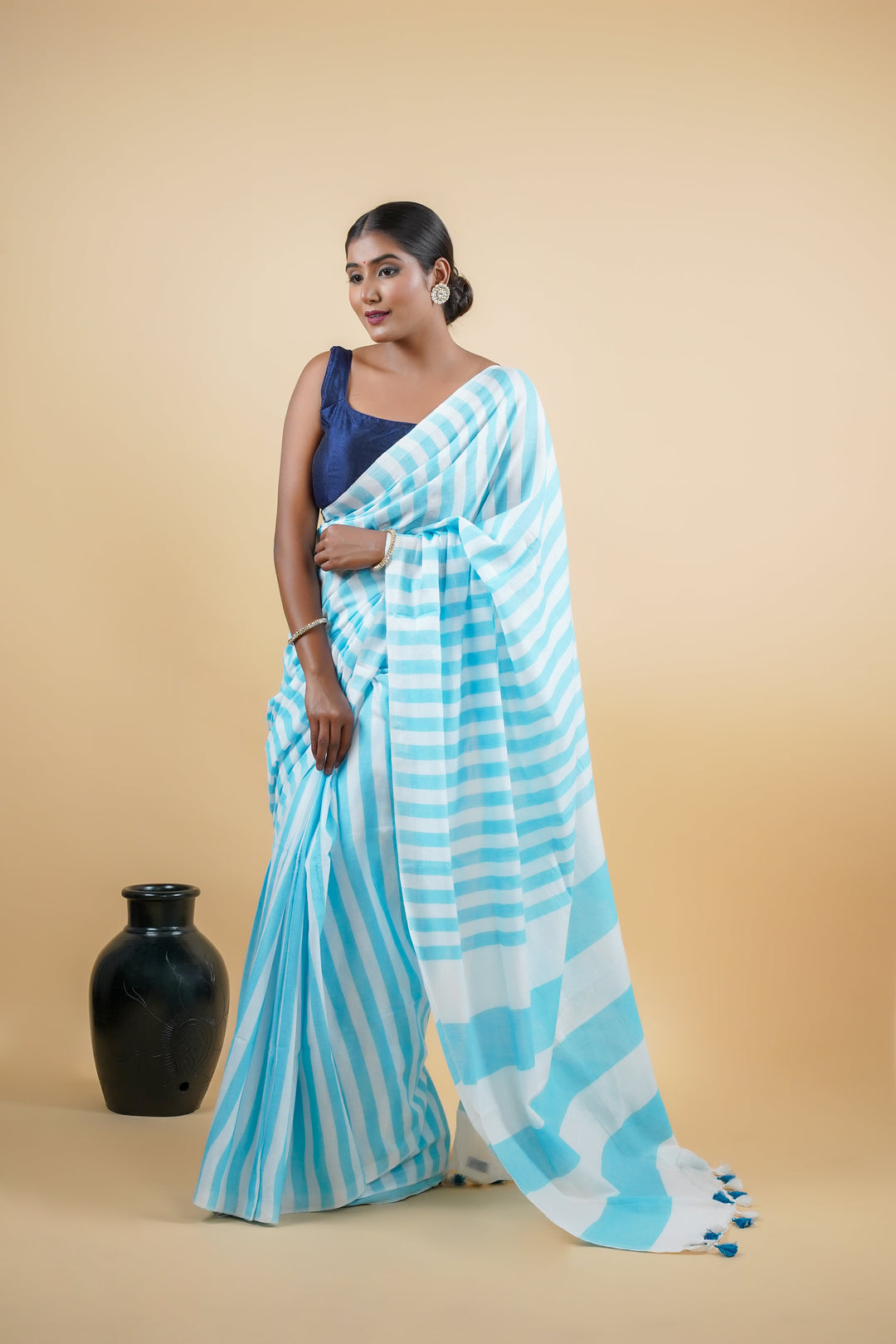 Light Blue 100% Pure Cotton Saree With Stripes Design