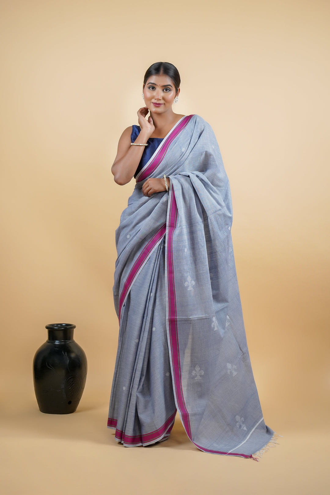 Heritage Bawan Buti Handloom Cotton Saree from Bihar in Gray