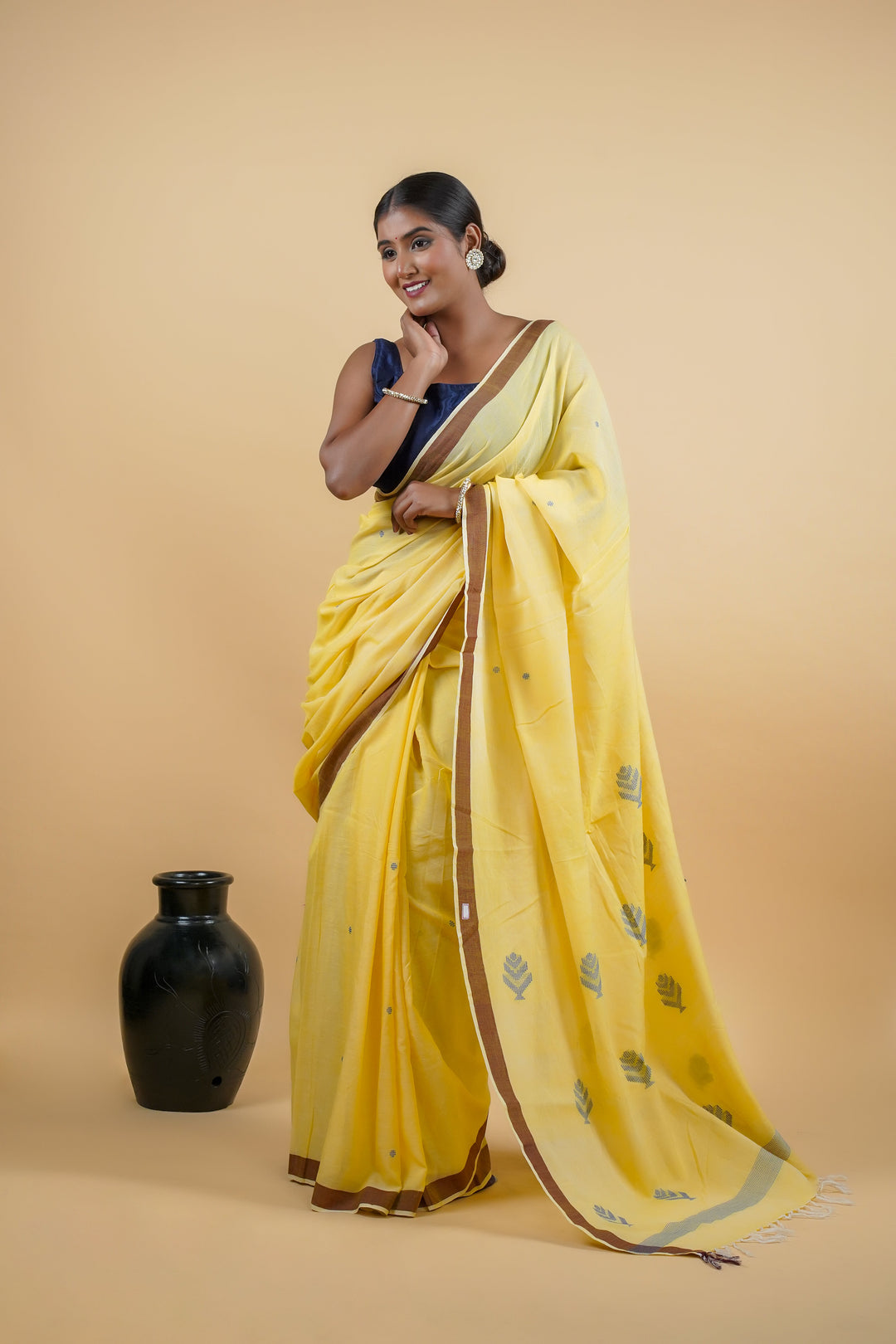 Heritage Bawan Buti Handloom Cotton Saree in Light Yellow