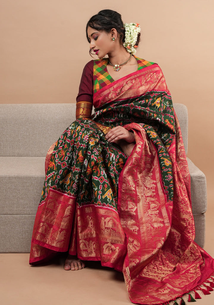 Exquisite Ikkat Kanjivaram Fusion Silk Saree in Deep Green with Grand Pallu and Wide Zari Border | SILK MARK CERTIFIED