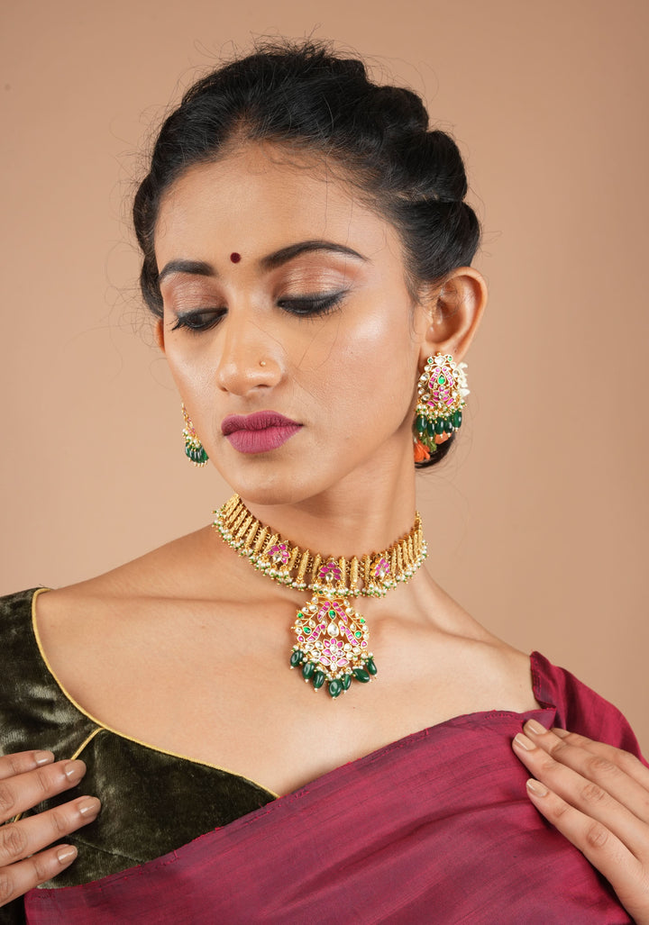 Ahmedabadi Jadau Necklace and Earrings set in Microplated Gold finish