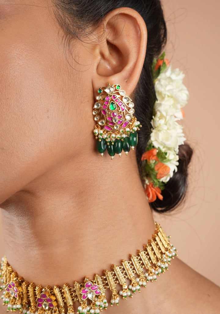 Ahmedabadi Jadau Necklace and Earrings set in Microplated Gold finish