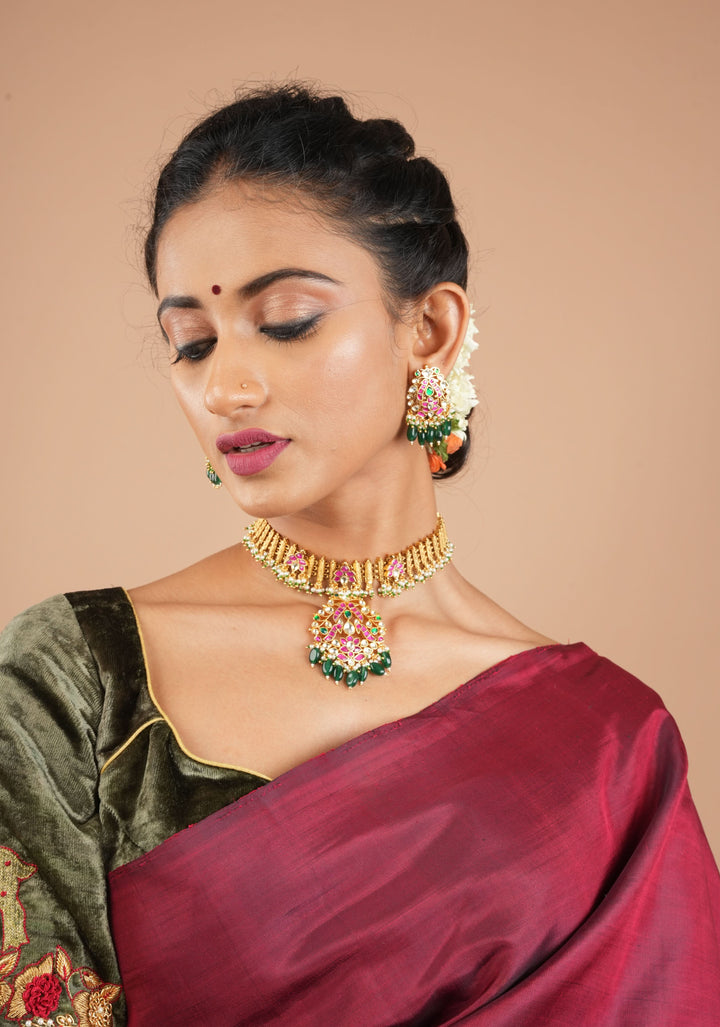Ahmedabadi Jadau Necklace and Earrings set in Microplated Gold finish