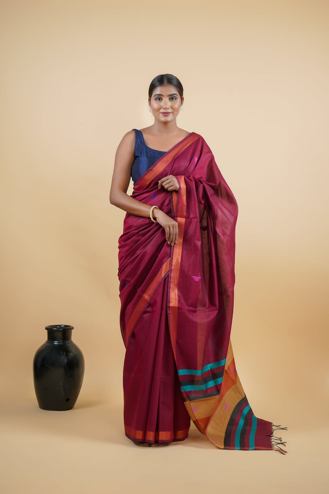 Maroon Bhagalpuri Pure Tussar Silk Saree with Zari Border | SILK MARK CERTIFIED