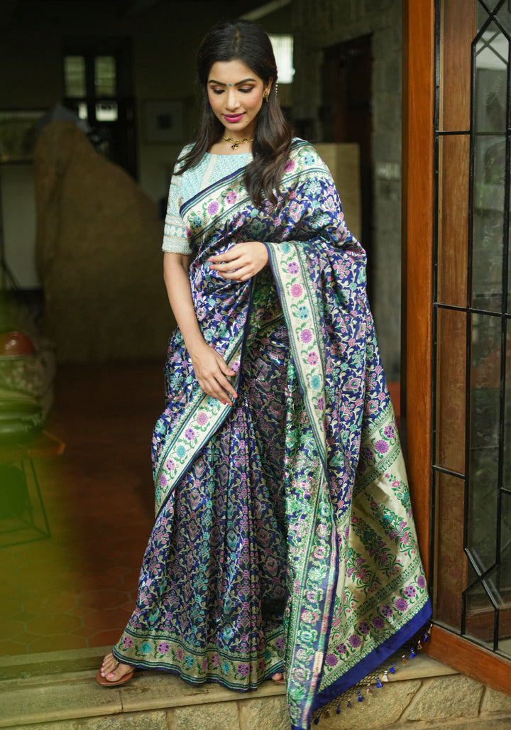 Exquisite Banarasi Patola Meenakari Katan Silk Saree in Blue with Intricate Pallu | SILK MARK CERTIFIED