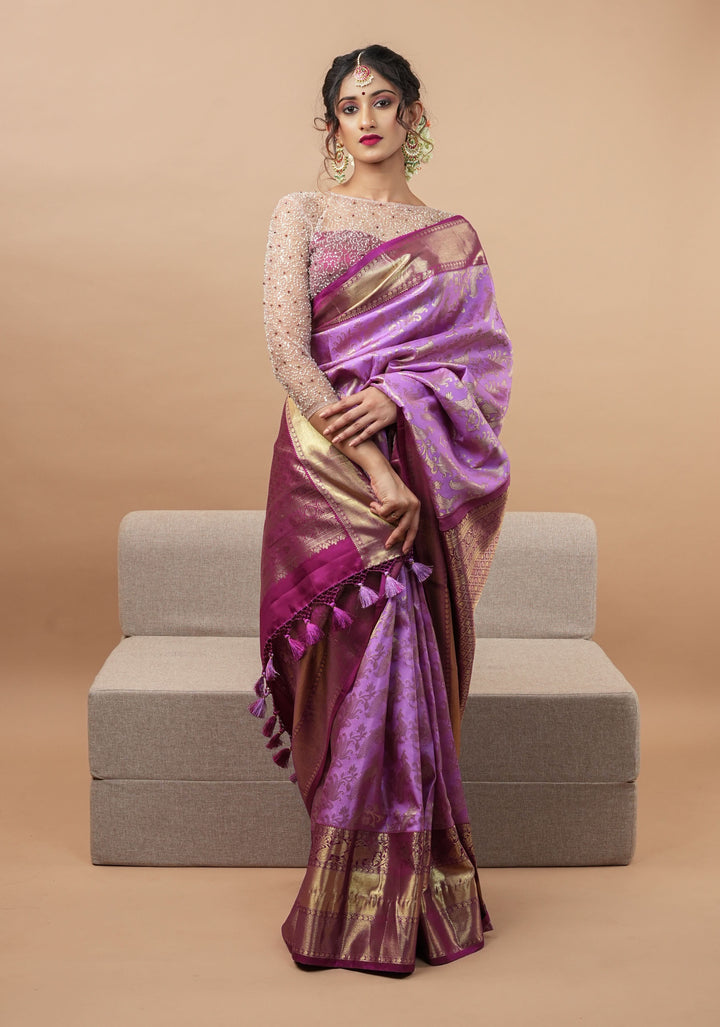 Brocade Kanjivaram Pure Silk Saree in Lilac and Purple with Peacock Leheria design | SILK MARK CERTIFIED