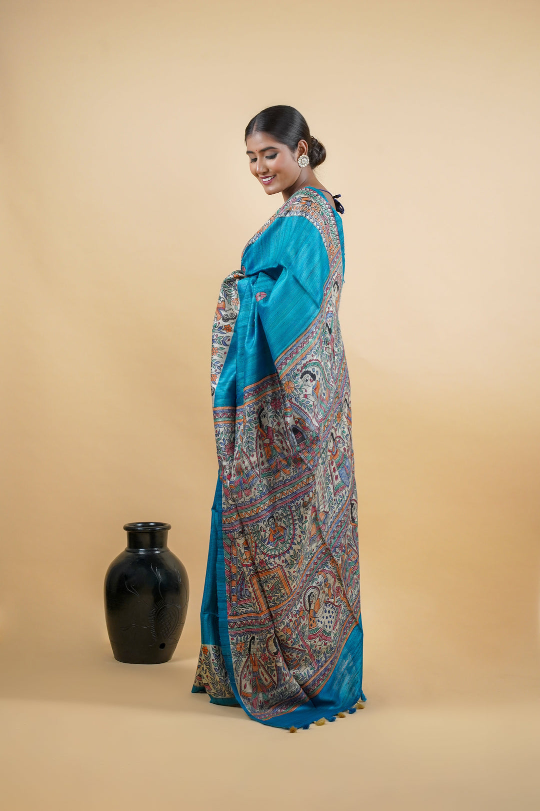 Blue Pure Desi Tussar Madhubani Hand-Painted Saree | SILK MARK CERTIFIED
