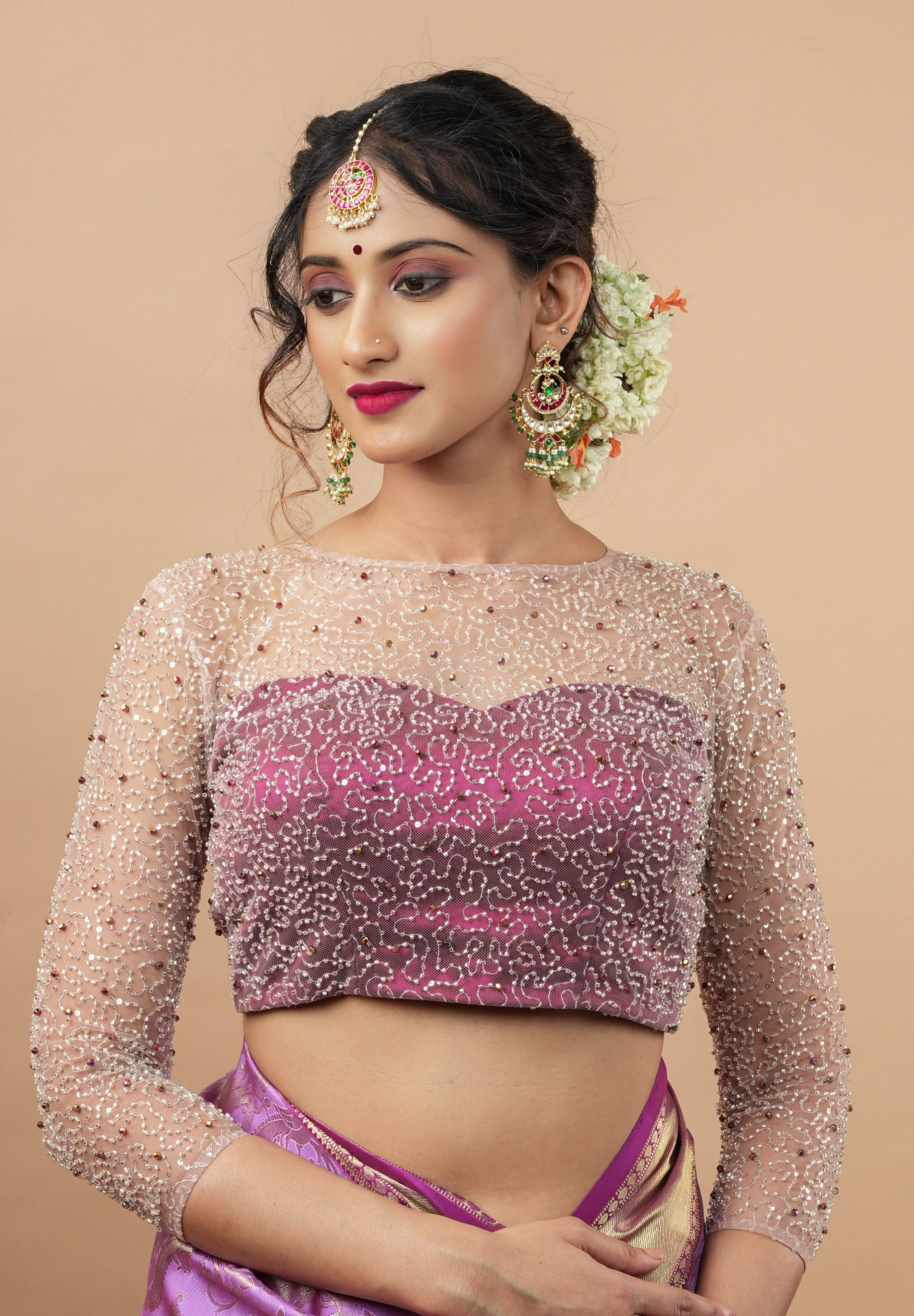 Illusion Neck Blouse with 3/4th sleeves with Heavy Cutdana and