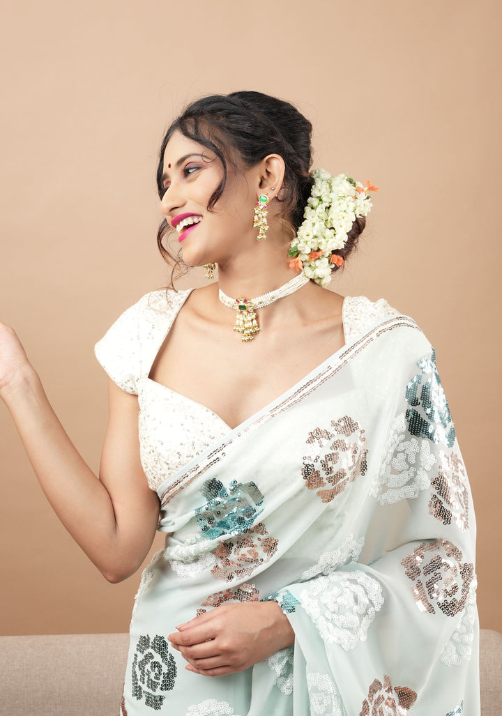 Ornate Jadau Floral Pendant on Multistrand Necklace Set with Dangling pearls | Shobitam Jewelry