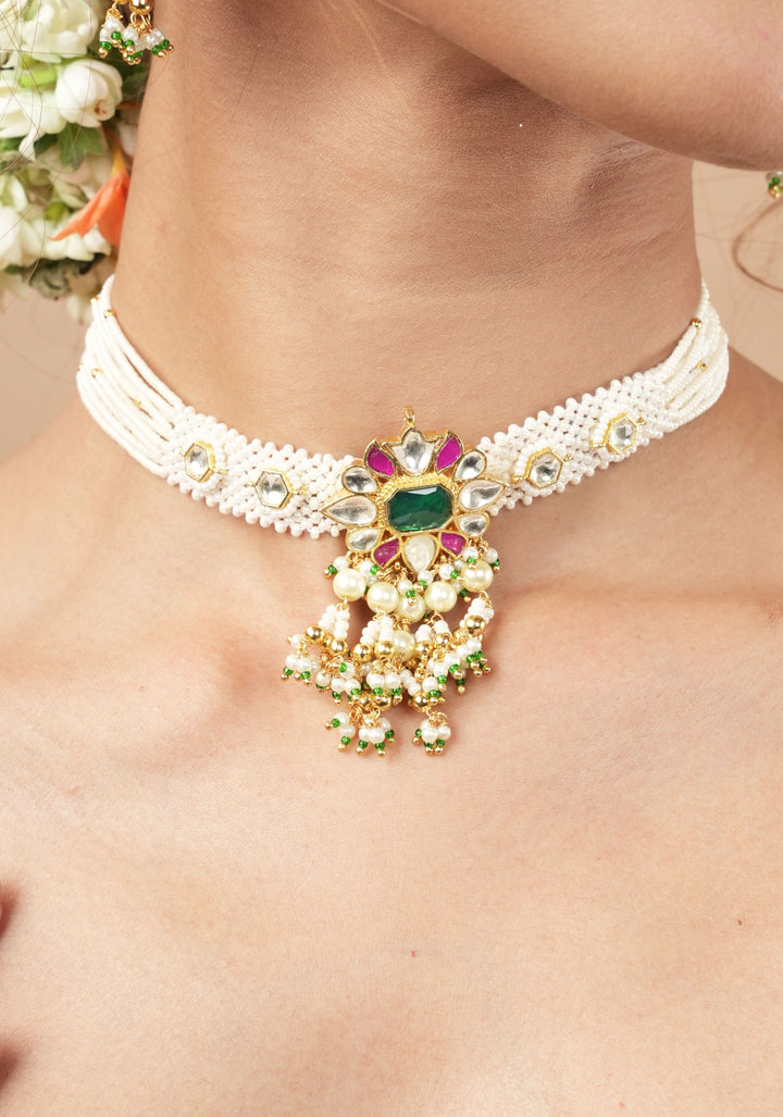 Ornate Jadau Floral Pendant on Multistrand Necklace Set with Dangling pearls | Shobitam Jewelry