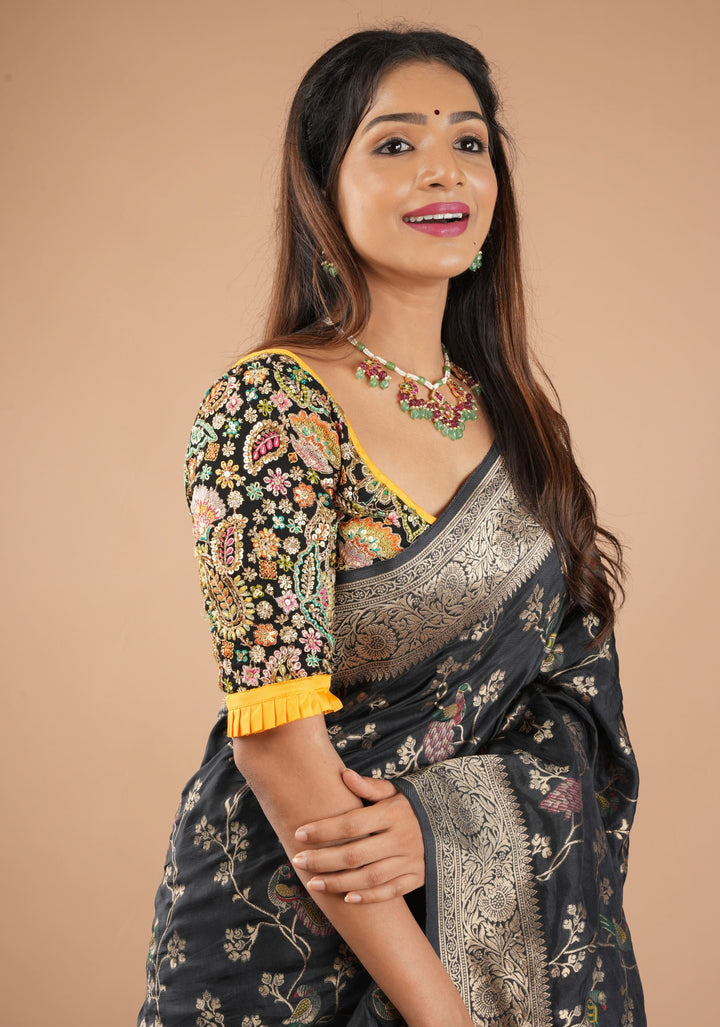 Black Georgette Floral Embroidery and Sequin - Cutdana Embellished blouse with yellow trims, Customizable, Made to Order