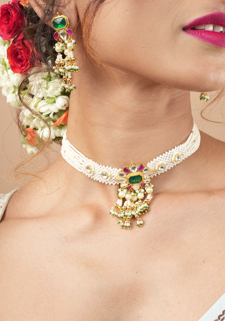 Ornate Jadau Floral Pendant on Multistrand Necklace Set with Dangling pearls | Shobitam Jewelry
