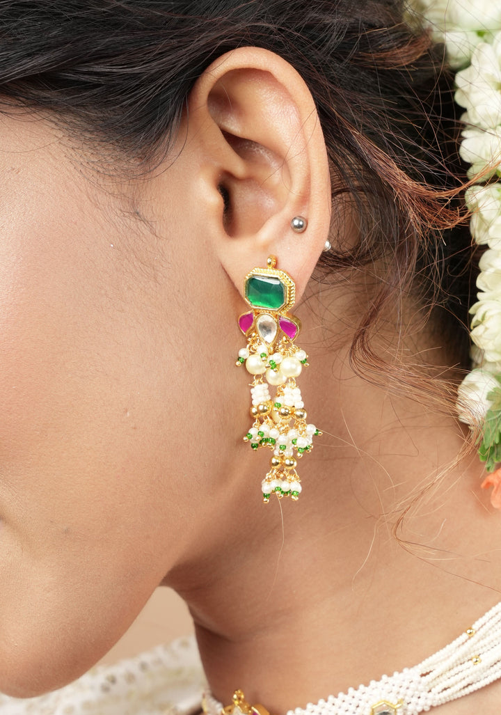 Ornate Jadau Floral Pendant on Multistrand Necklace Set with Dangling pearls | Shobitam Jewelry