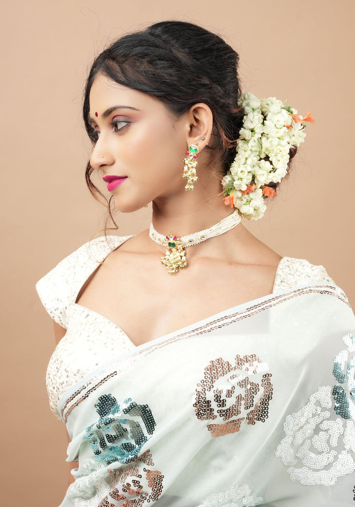 Ornate Jadau Floral Pendant on Multistrand Necklace Set with Dangling pearls | Shobitam Jewelry