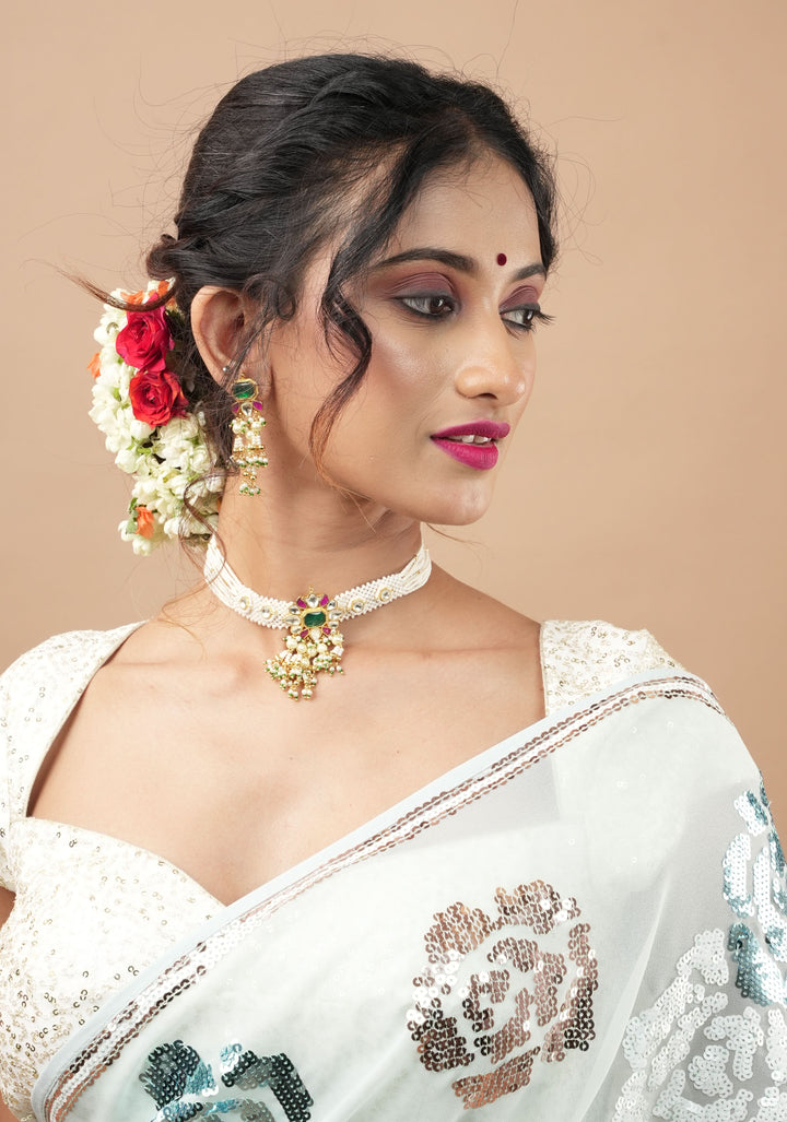 Ornate Jadau Floral Pendant on Multistrand Necklace Set with Dangling pearls | Shobitam Jewelry